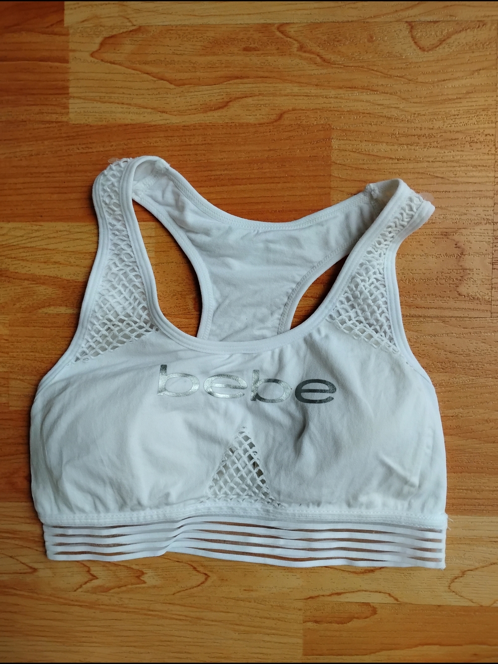 bebe White Racerback Mesh-Panel Sports Bra with Striped Band